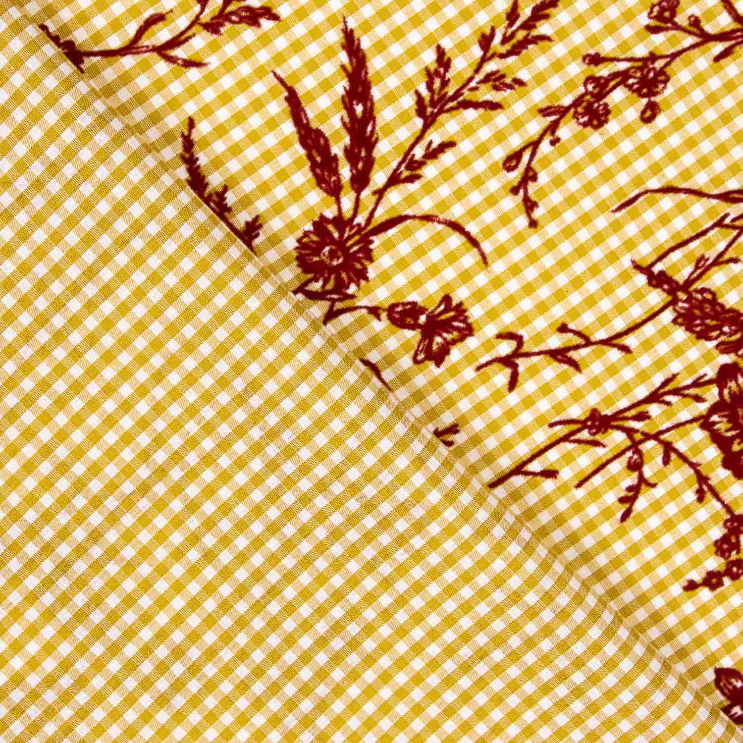 Chutes de coton vichy ocre à motif imprimé floral flocé grenat - Différentes dimensions x largeur de 150 cm - Ribes y Casals