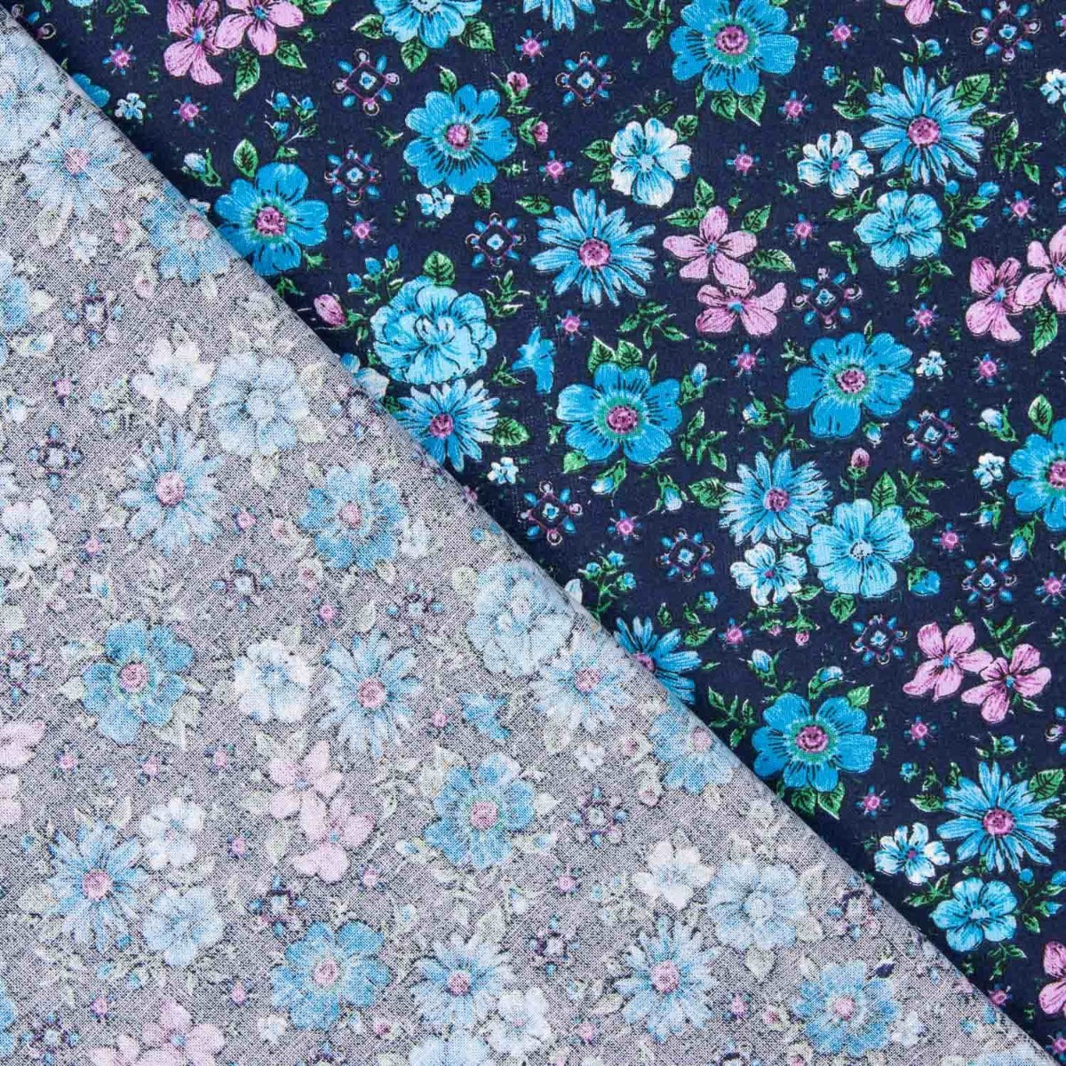 Coton semi-lin floral bleu et rose - Ribes y Casals