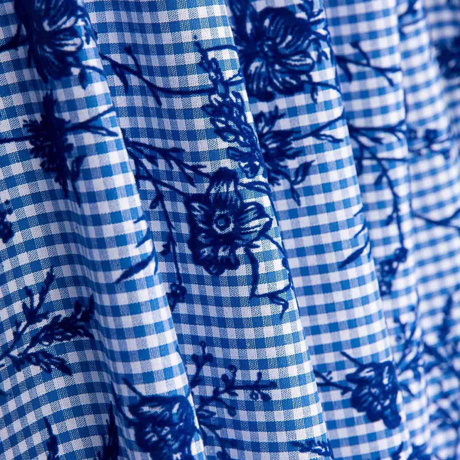 Coton Vichy Bleu Flocage Floral Marine - Ribes y Casals
