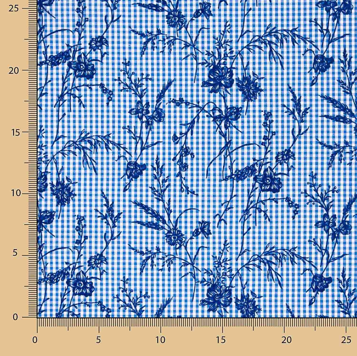 Coton Vichy Bleu Flocage Floral Marine - Ribes y Casals