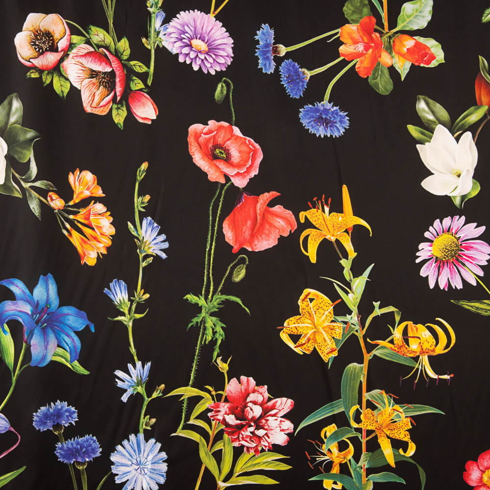 Satin imprimé Multi Flower Black - Ribes y Casals