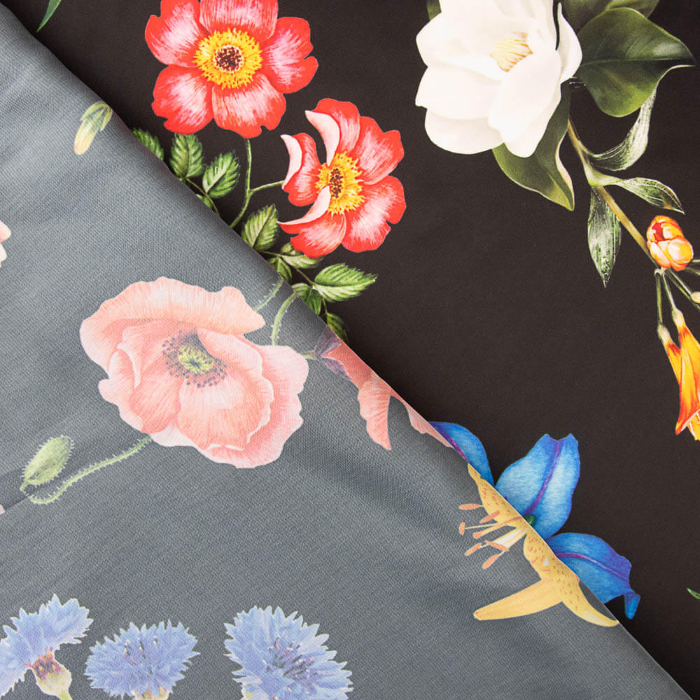 Satin imprimé Multi Flower Black - Ribes y Casals