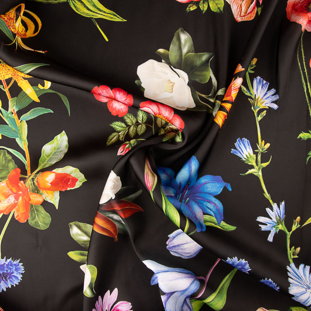 Satin imprimé Multi Flower Black - Ribes y Casals