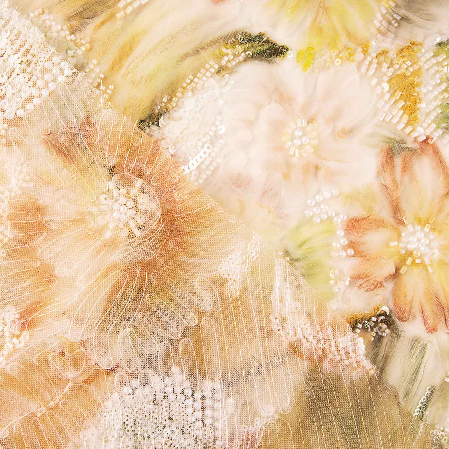 Strass Tulle Blanc Imprimé Floral Tons Naturels - Ribes y Casals