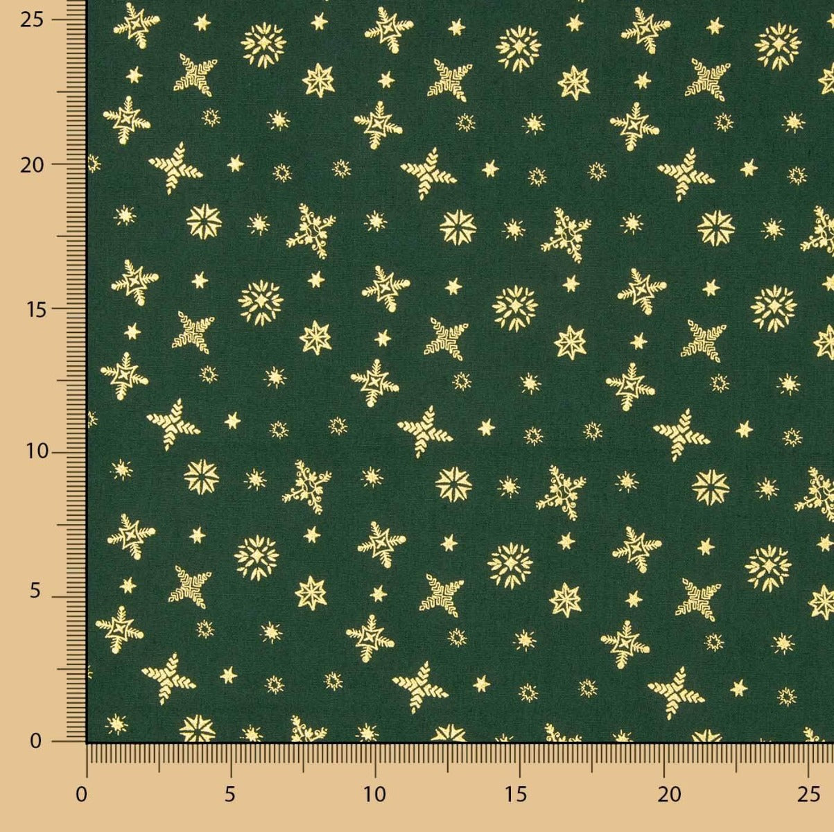 Popeline de coton imprimée flocons de neige vert et or - Ribes y Casals