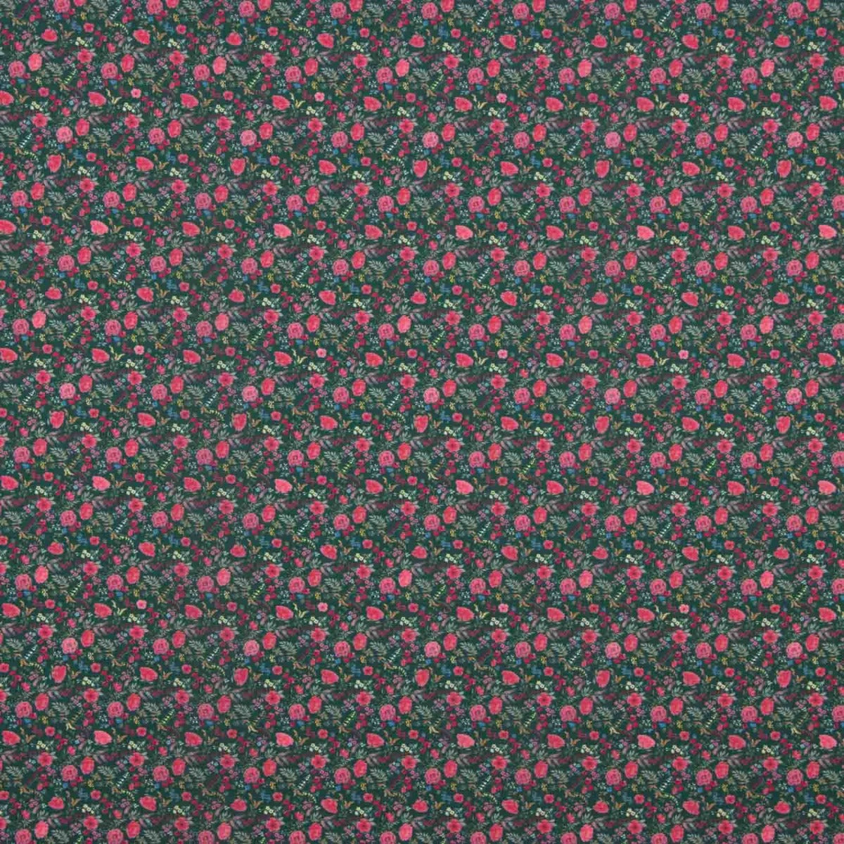 Crêpe léger vert foncé à mini-motifs floraux fuchsia - Ribes y Casals