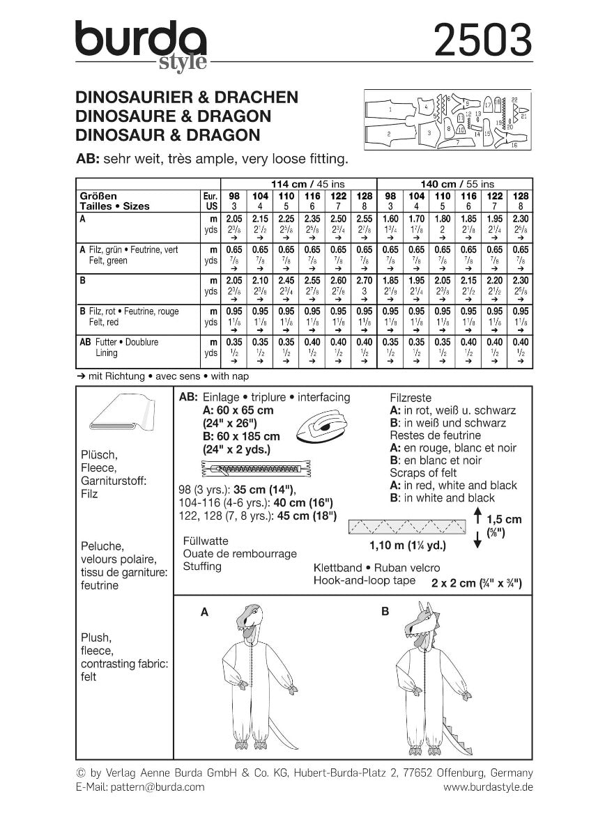 Patrón Burda 2503 Dinosaurio y Dragón - Ribes y Casals