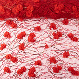 Tul rouge brodé de fleurs 3D et de paillettes - Ribes y Casals
