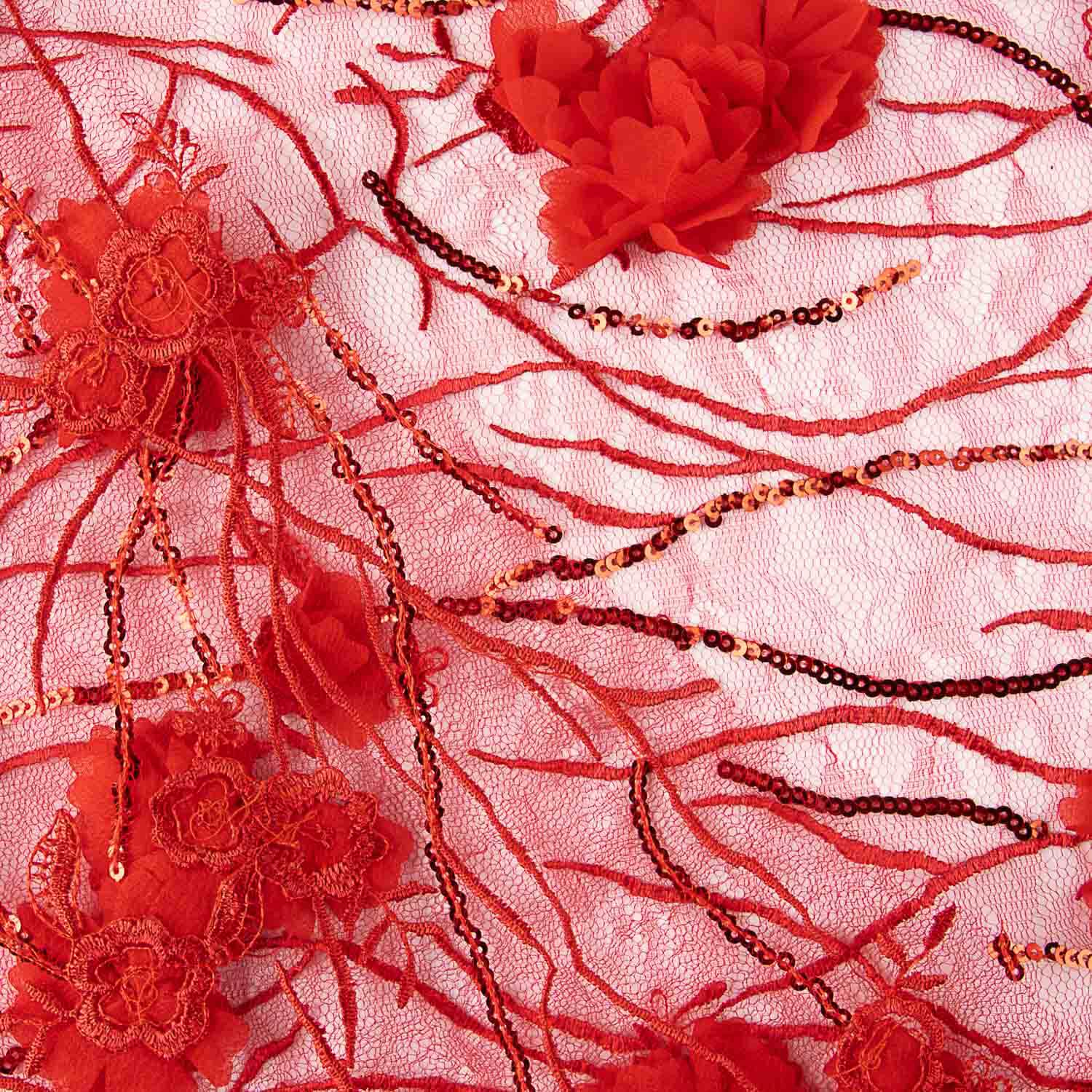 Tul rouge brodé de fleurs 3D et de paillettes - Ribes y Casals