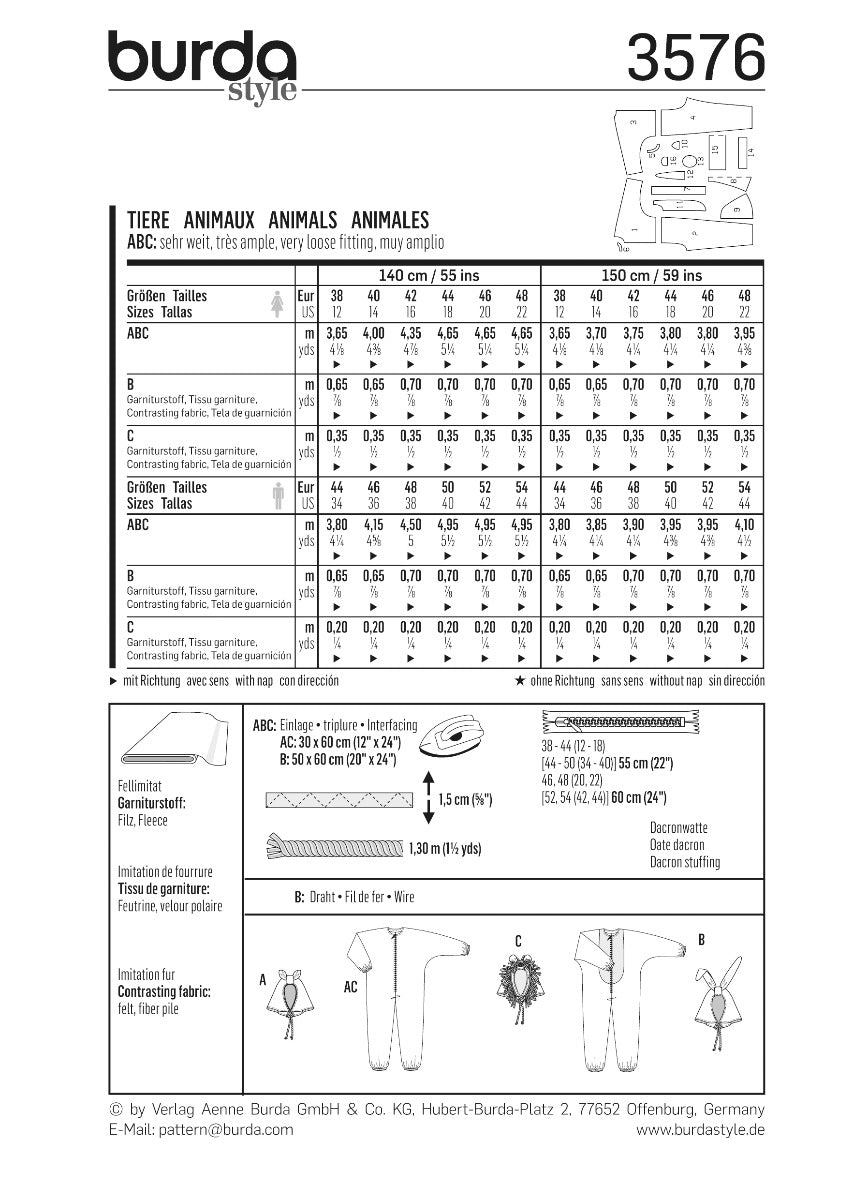 Patrón Burda 3576 Animales - Ribes y Casals