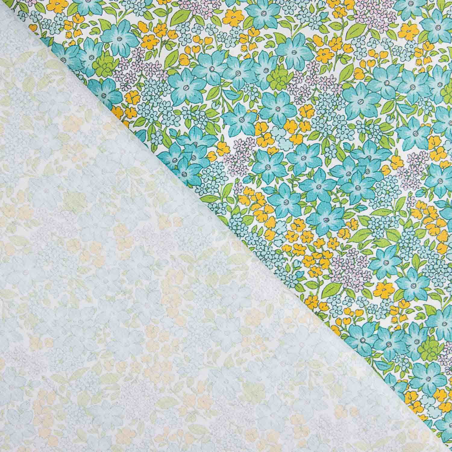 Percal imprimé floral vert d'eau et jaune - Ribes y Casals