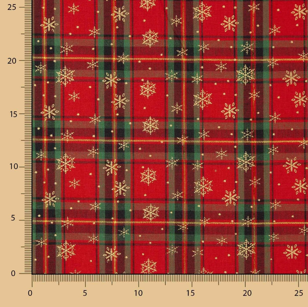 Popeline de coton tartan de Noël et flocons de neige dorés - Ribes y Casals