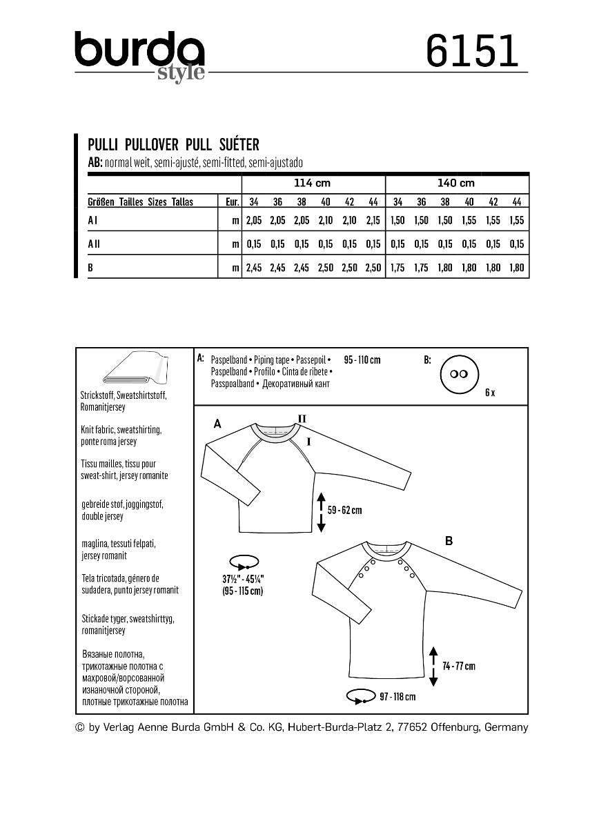 Patron de Couture Burda 6151 Pull - Ribes y Casals