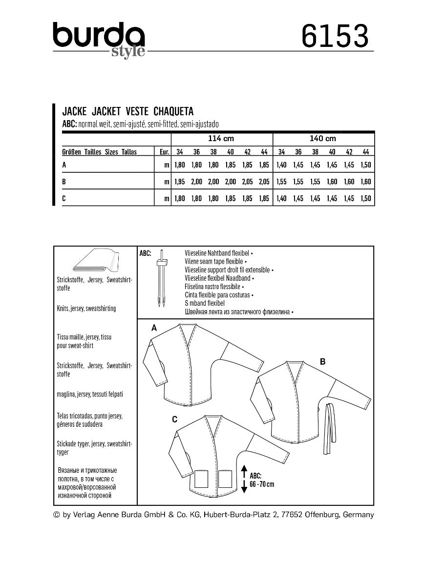 Patron de Couture Burda 6153 Veste - Ribes y Casals
