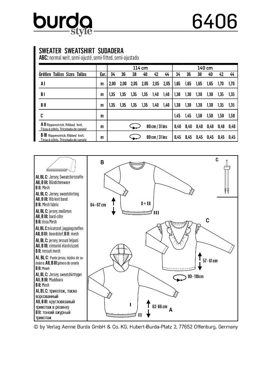 Patron de Couture Burda 6406 Pull - Ribes y Casals