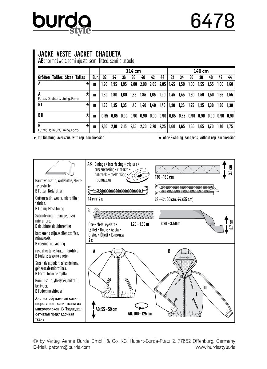 Patron de Couture Burda 6478 Veste - Ribes y Casals