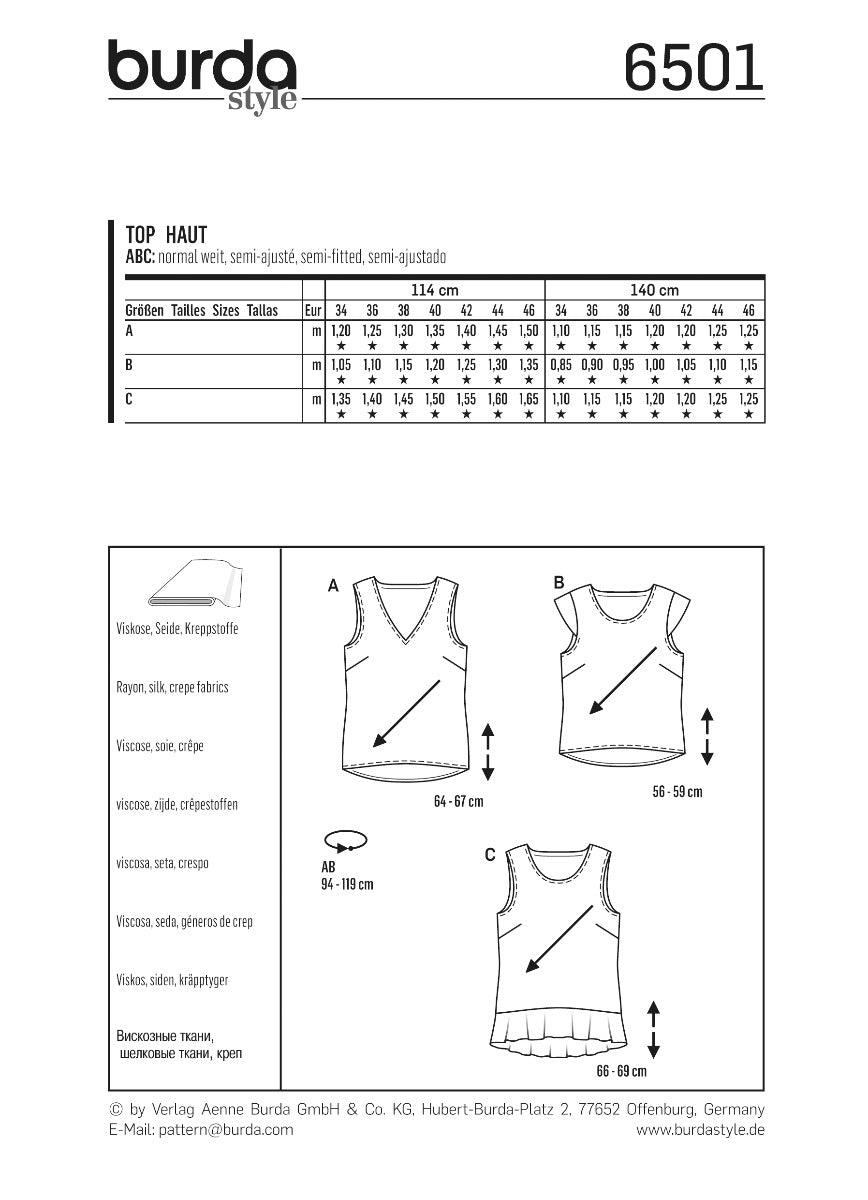 Patron de Couture Burda 6501 Top - Ribes y Casals