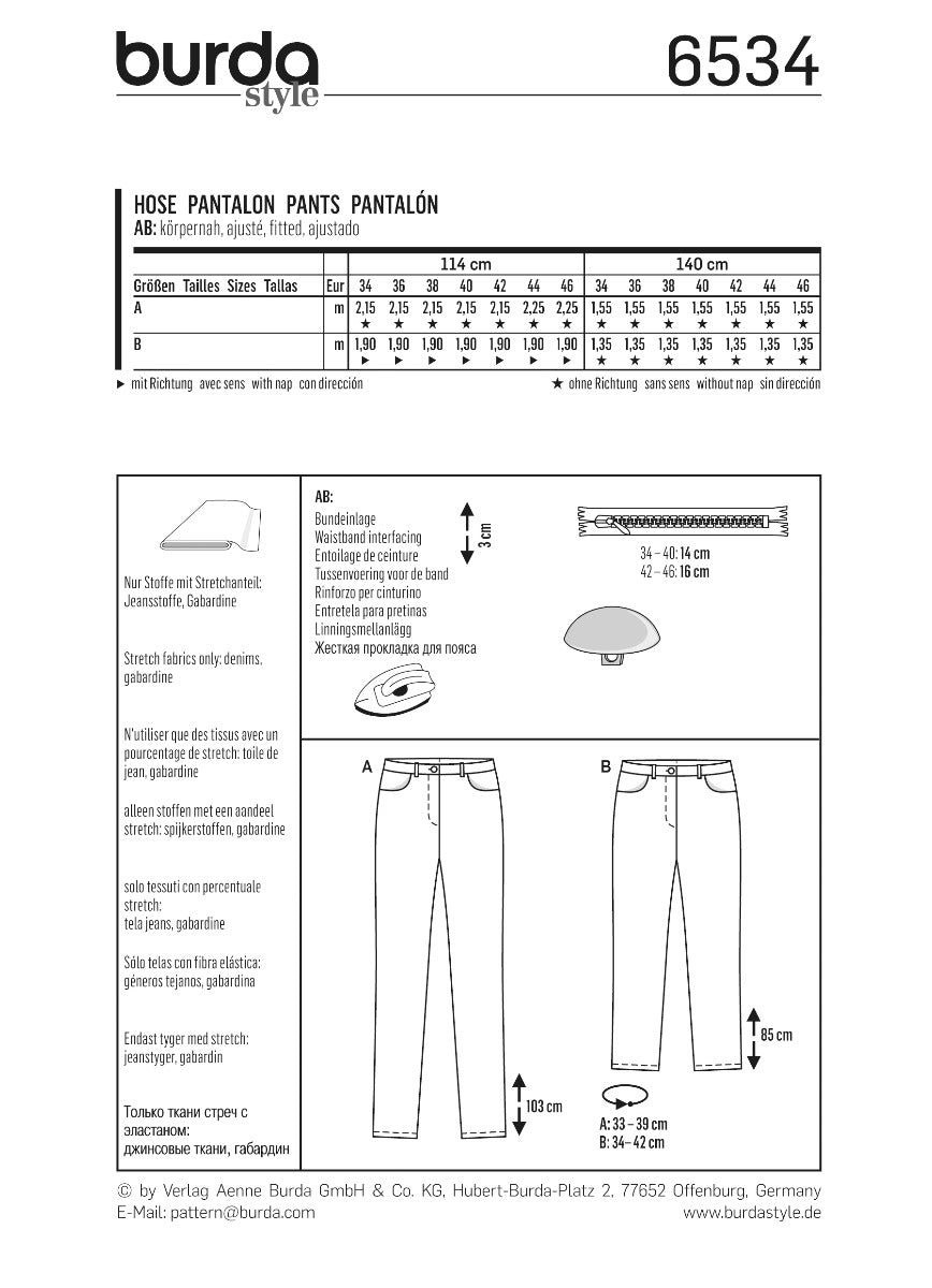 Patron de Couture Burda 6534 Pantalons - Ribes y Casals