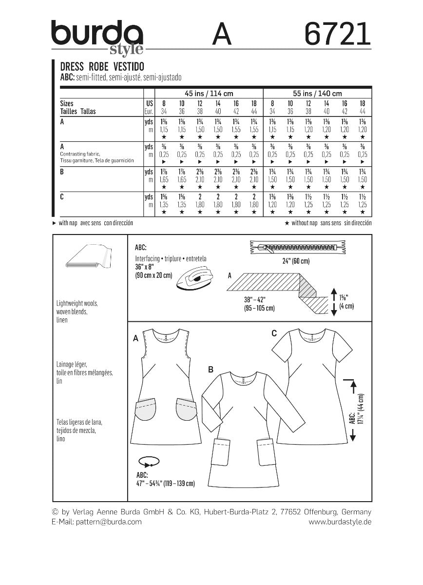 Patron de Couture Burda 6721 Robe - Ribes y Casals