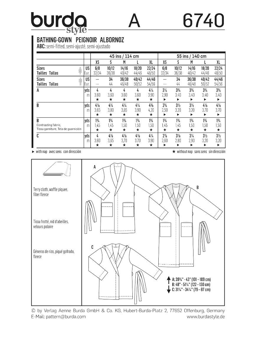 Patron de Couture Burda 6740 Peignoir de bain - Ribes y Casals