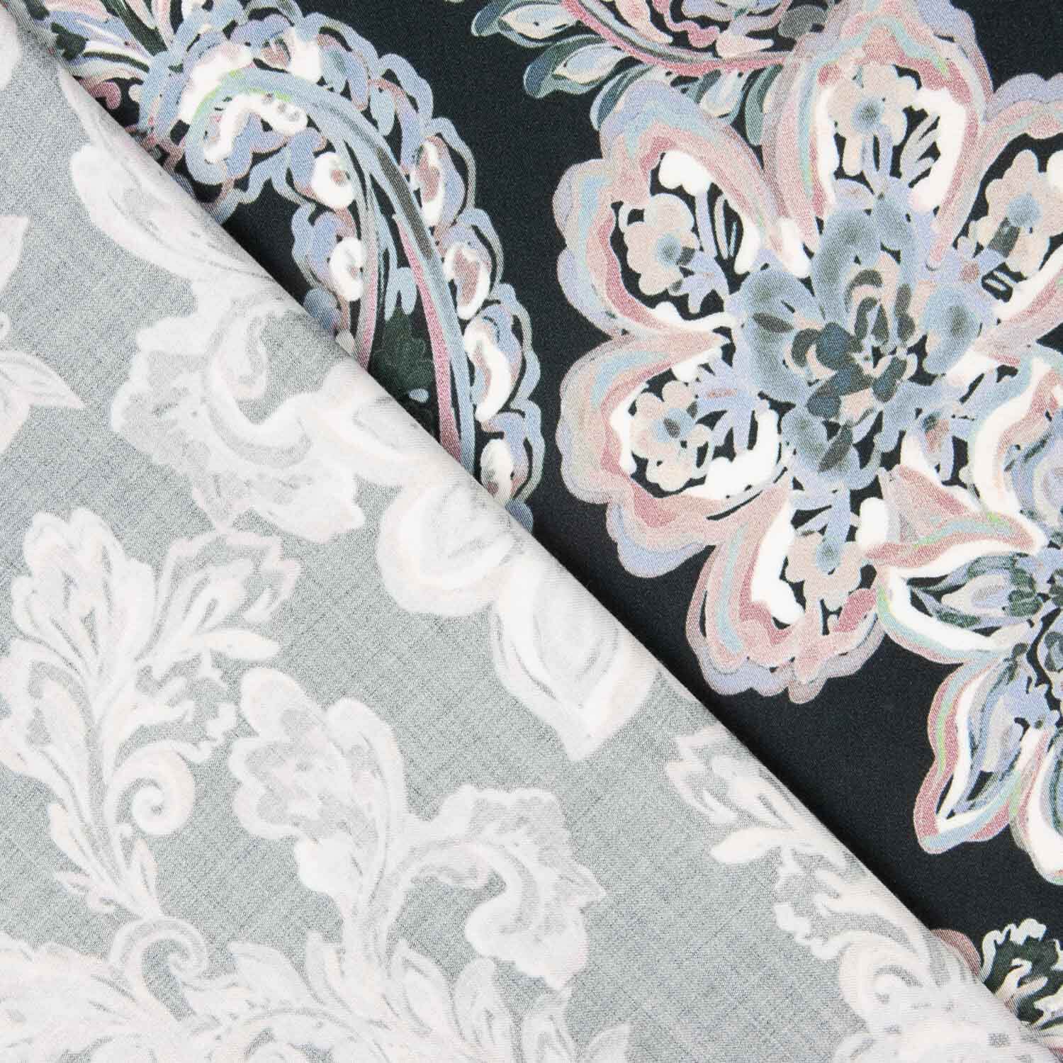 Satin de viscose cachemire imprimé floral bleu et rose - Ribes y Casals