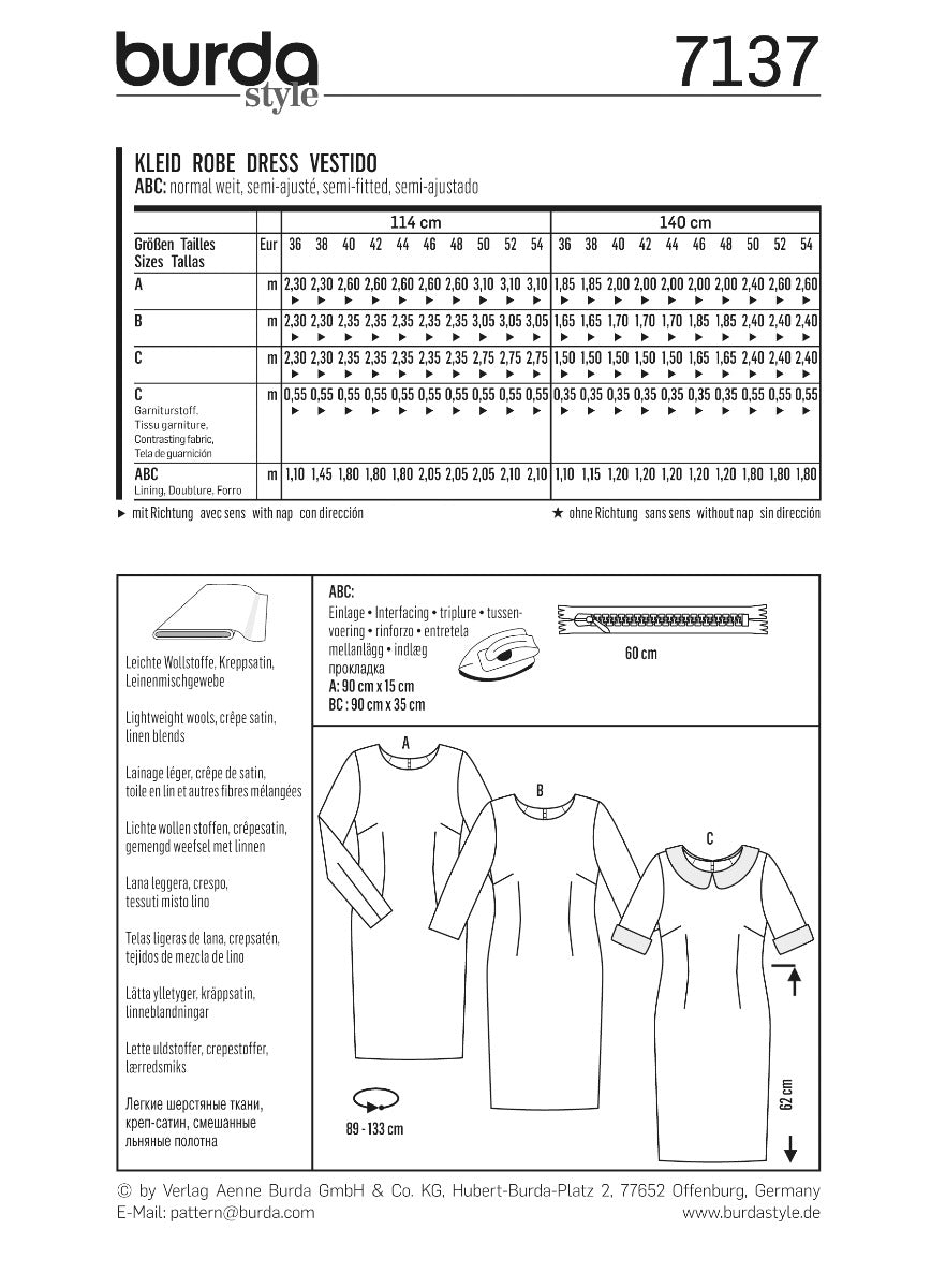 Patron de Couture Burda 7137 Robe - Ribes y Casals