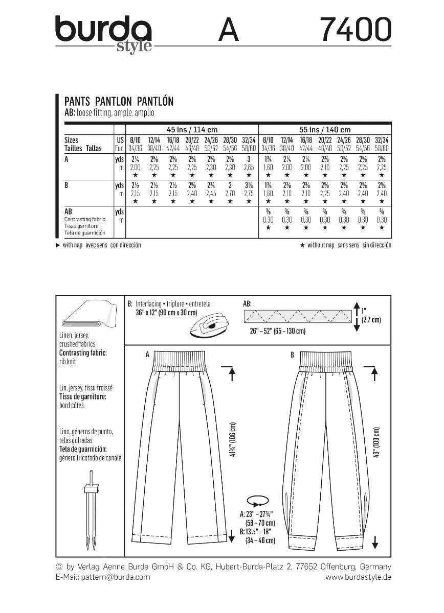 Patron de Couture Burda 7400 Pantalons - Ribes y Casals