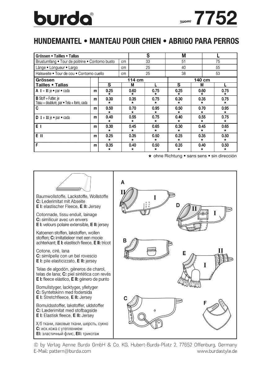 Patron de Couture Burda 7752 Manteau de chien - Ribes y Casals