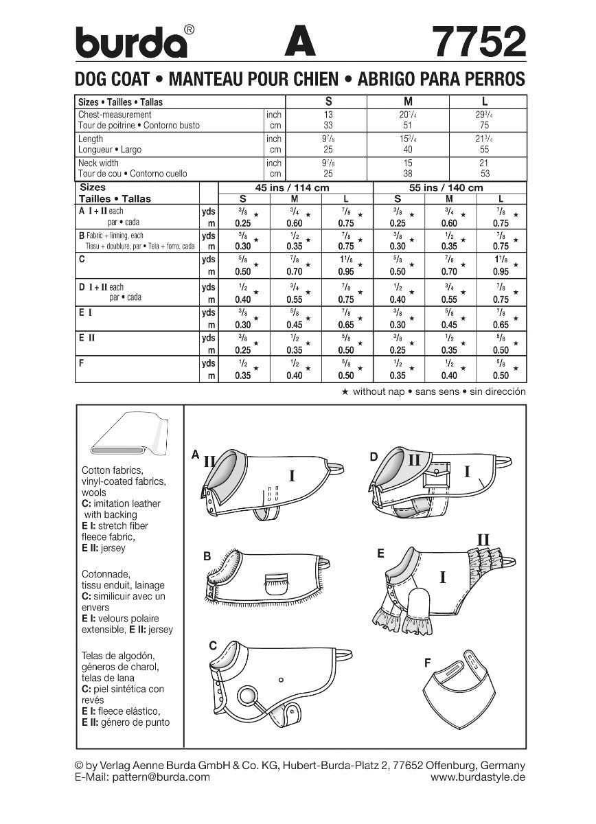 Patron de Couture Burda 7752 Manteau de chien - Ribes y Casals