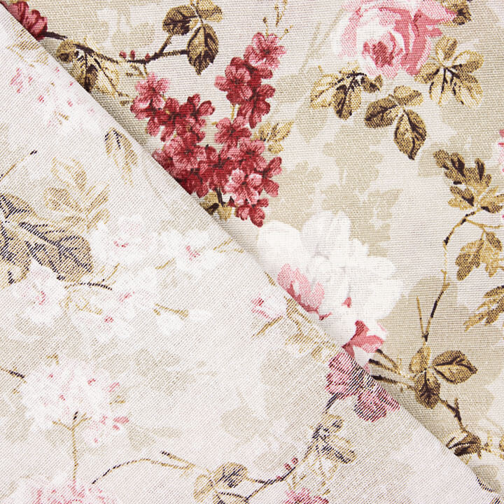Toile de coton imprimée de fleurs romantiques roses et grenat - Ribes y Casals