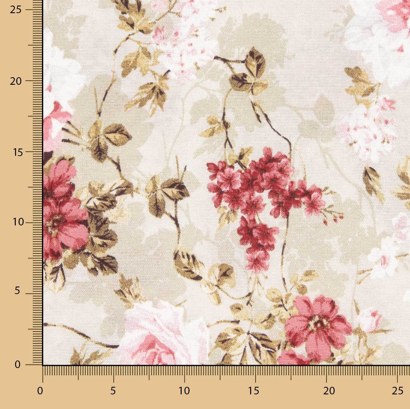 Toile de coton imprimée de fleurs romantiques roses et grenat - Ribes y Casals