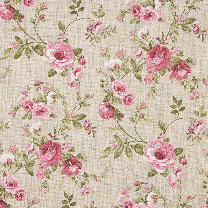 Toile de coton imprimée roses roses sur fond effet tissu de lin - Ribes y Casals