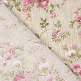 Toile de coton imprimée roses roses sur fond effet tissu de lin - Ribes y Casals