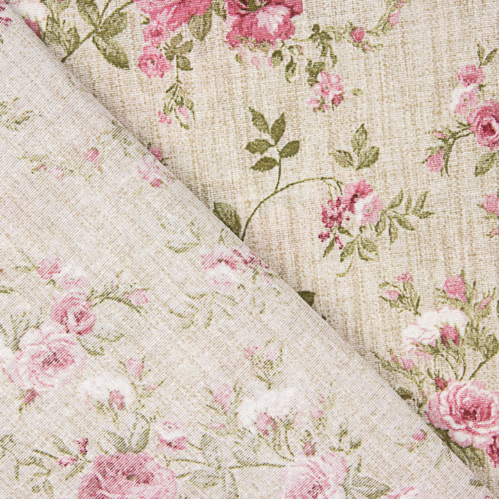 Toile de coton imprimée roses roses sur fond effet tissu de lin - Ribes y Casals