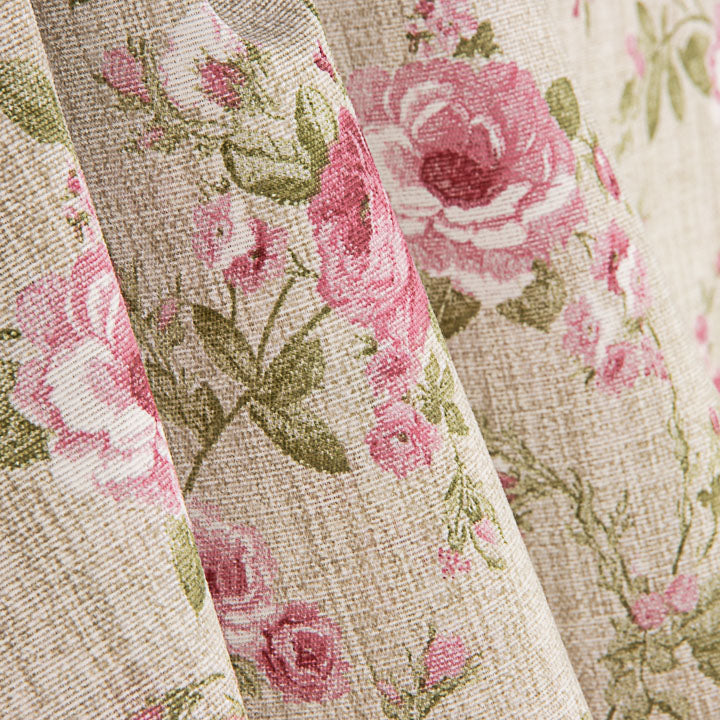 Toile de coton imprimée roses roses sur fond effet tissu de lin - Ribes y Casals