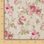 Toile de coton imprimée roses roses sur fond effet tissu de lin - Ribes y Casals