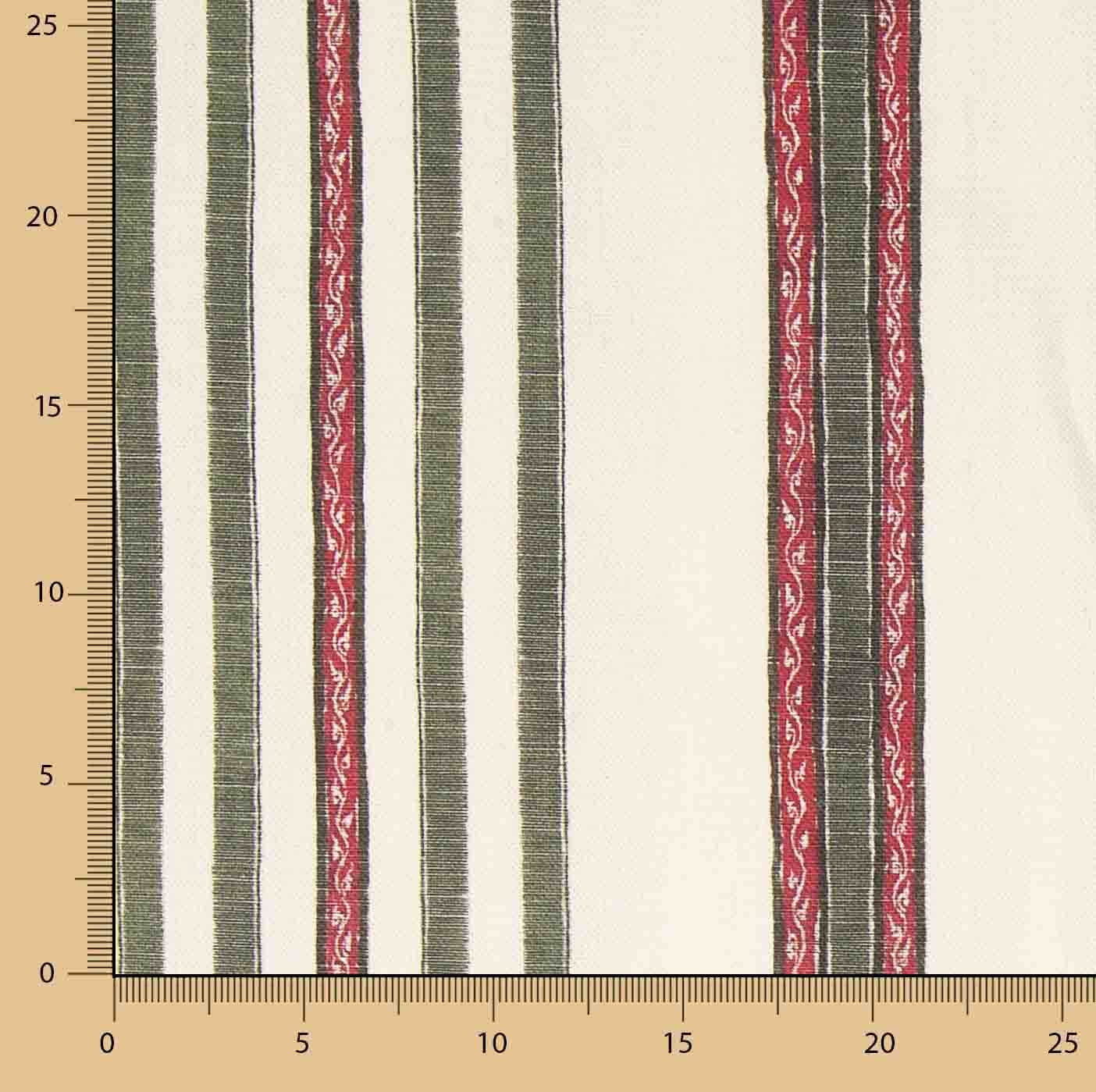 Toile de coton Half Panama imprimée de rayures ethniques vertes et rouges - Ribes y Casals