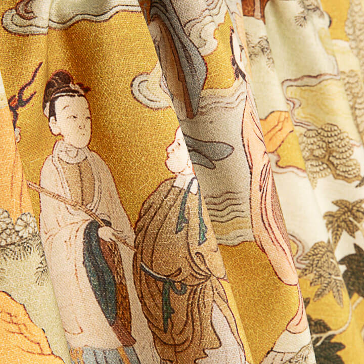 Toile de coton Half Panama imprimée « Jardin impérial oriental » moutarde - Ribes y Casals