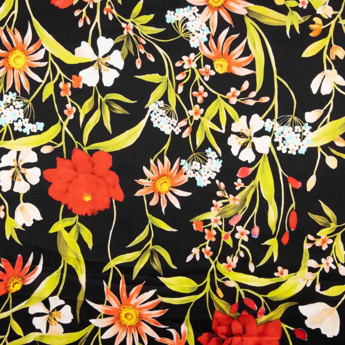 Satin De Soie Italienne Floral Noir - Ribes y Casals