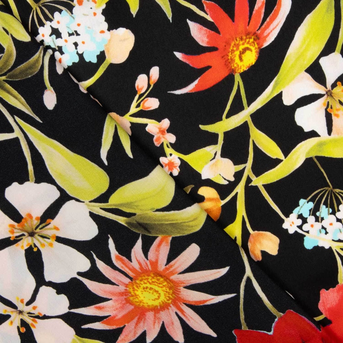 Satin De Soie Italienne Floral Noir - Ribes y Casals