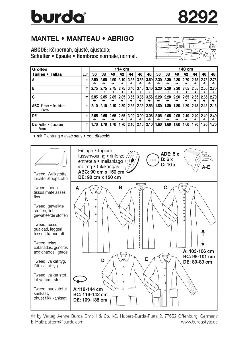 Patron de Couture Burda 8292 Manteau - Ribes y Casals