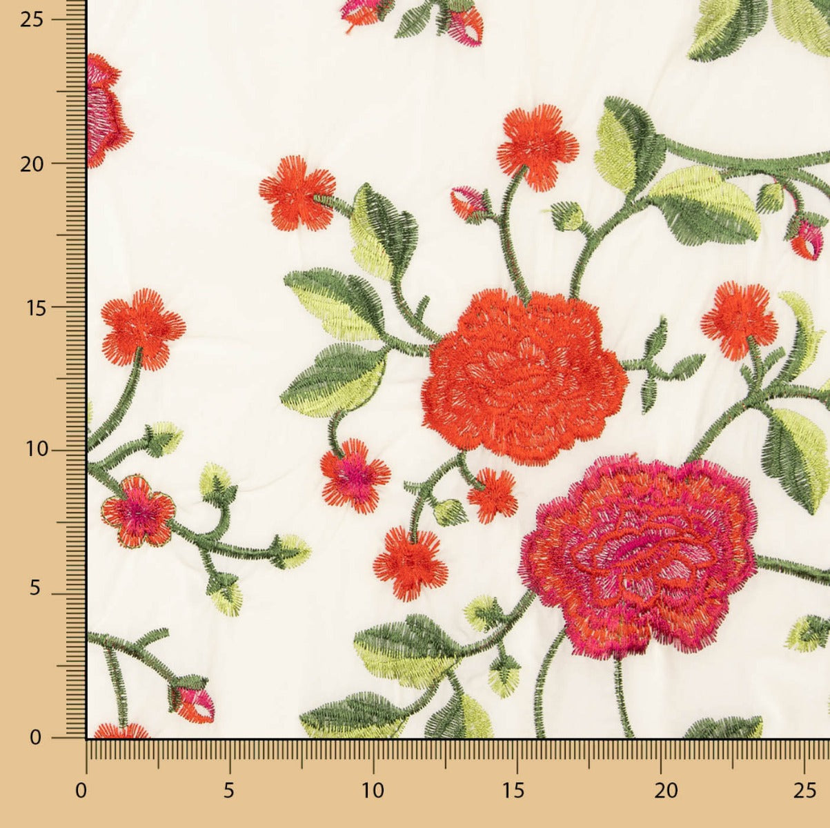 Châle brodé Rose Rouge Tencel Blanc Naturel - Ribes y Casals