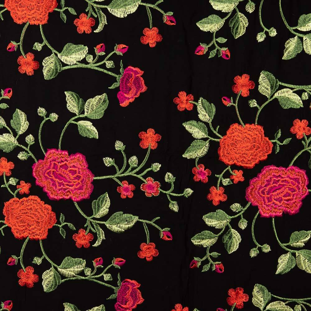 Châle brodé rose rouge Tencel noir - Ribes y Casals