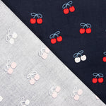 Velours milleraies en tissu de coton imprimé cerises bleu marine - Ribes y Casals