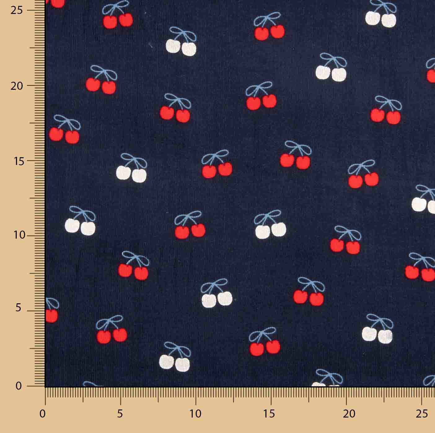 Velours milleraies en tissu de coton imprimé cerises bleu marine - Ribes y Casals