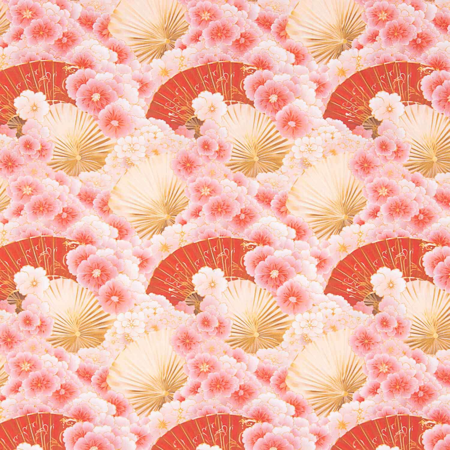 Popeline de coton imprimée éventails fleurs roses - Ribes y Casals