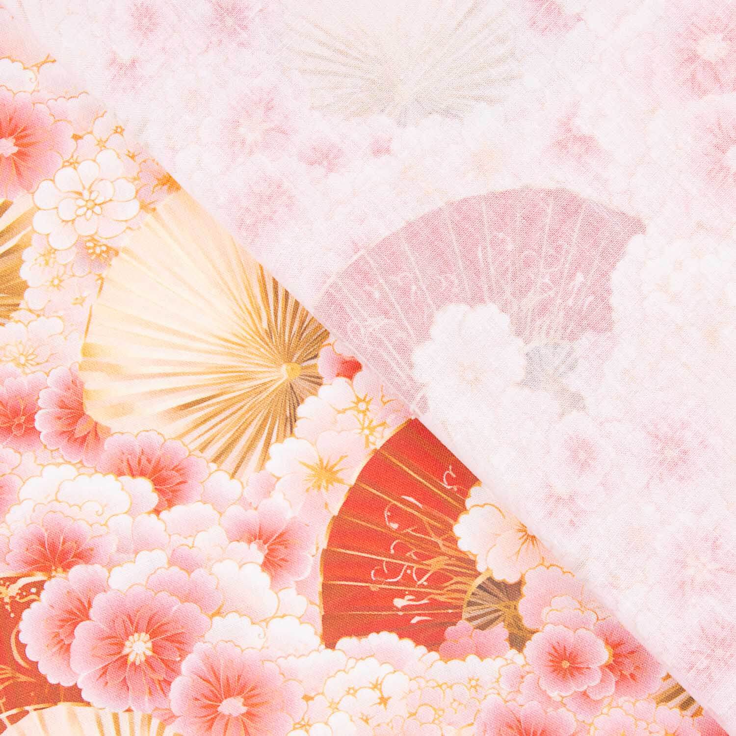 Popeline de coton imprimée éventails fleurs roses - Ribes y Casals