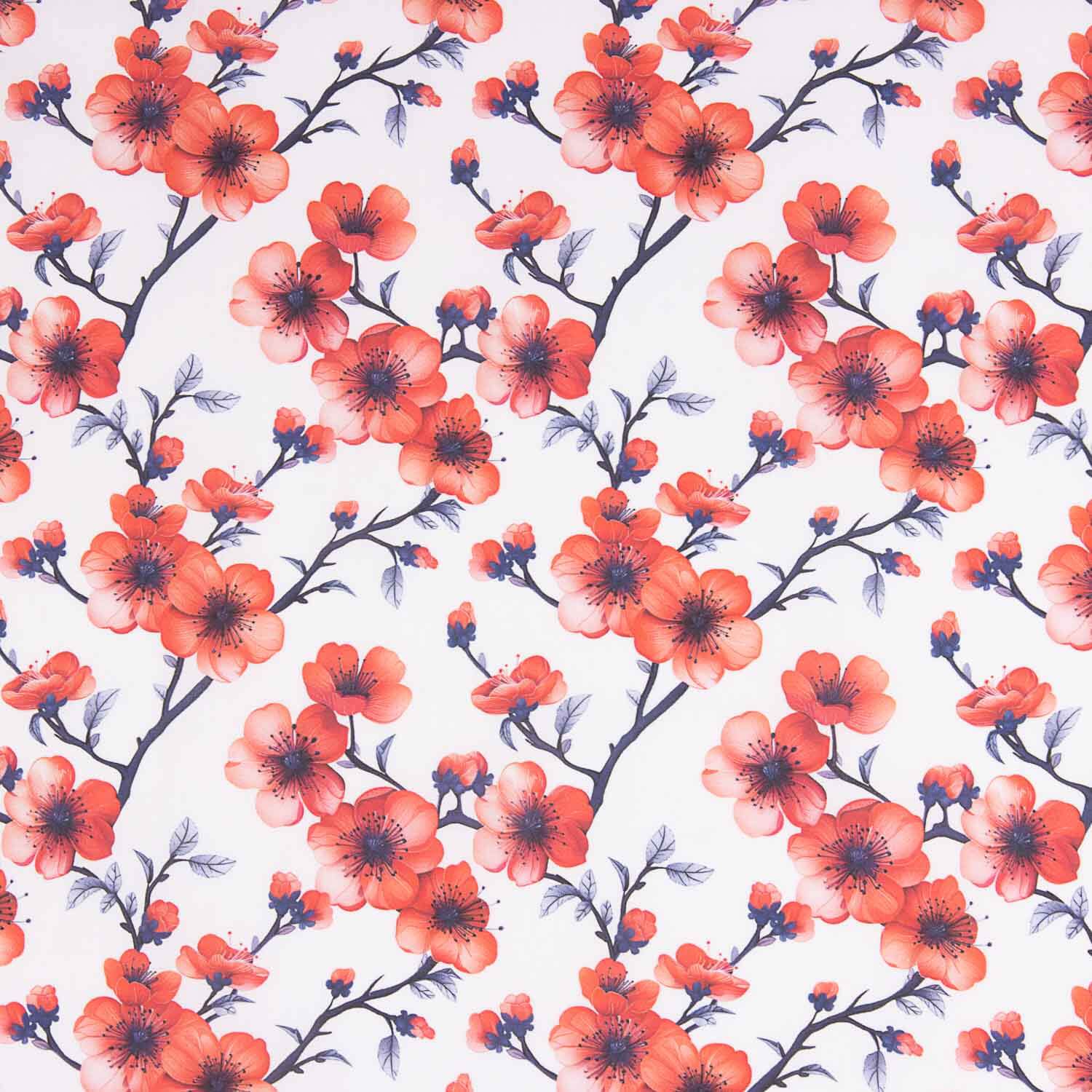 Popeline de coton imprimée branches Sakura corail - Ribes y Casals