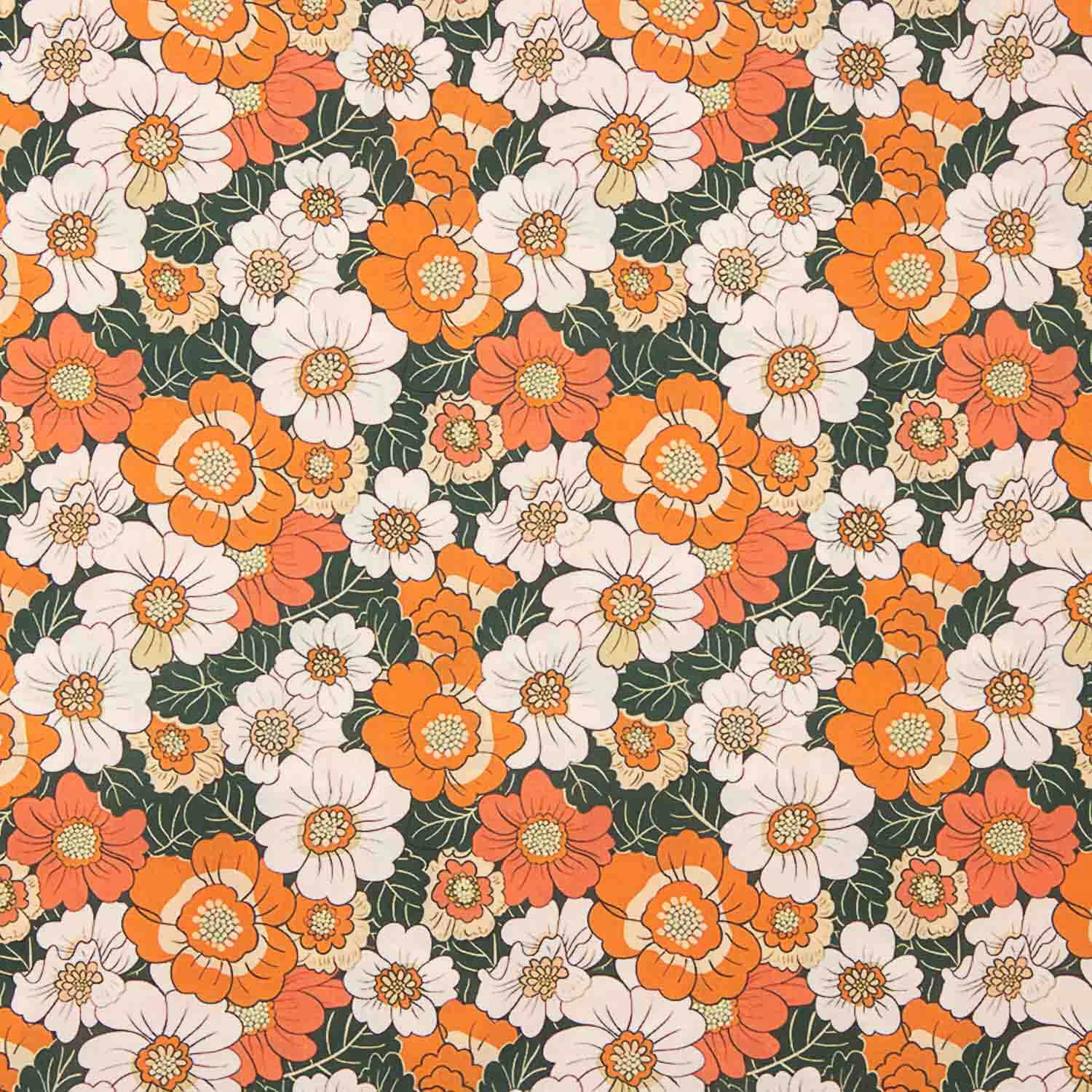 Popeline de coton imprimée fleurs rétro orange - Ribes y Casals