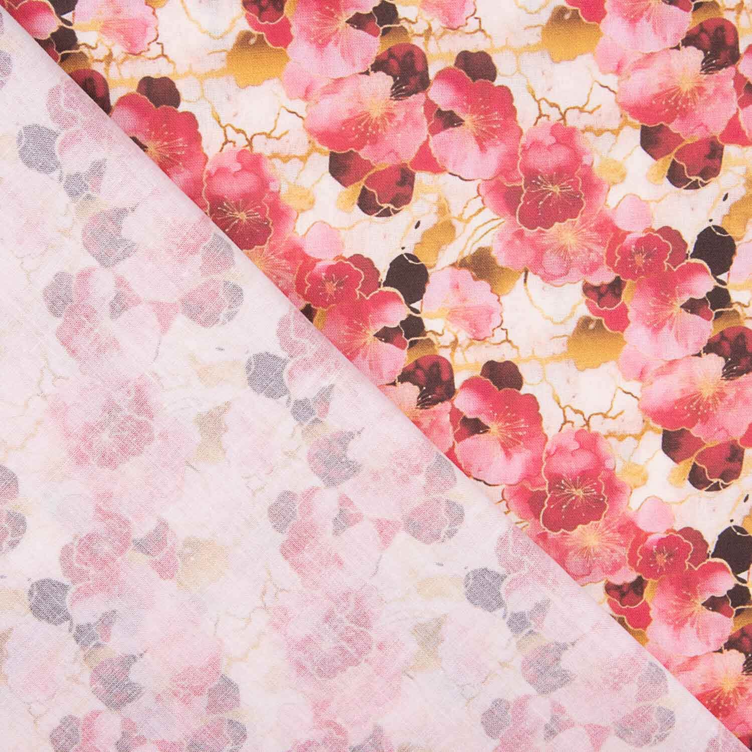 Popeline de coton imprimée fleurs aquarelle rose - Ribes y Casals